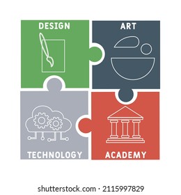 DATOS - Acrónimo de Design Art Technology Academy. fondo de concepto de negocio. concepto de ilustración vectorial con palabras clave e iconos. ilustración con iconos para banner web, volante, página de inicio