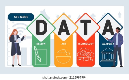 DATA - Design Art Technology Academy acronym. business concept background. vector illustration concept with keywords and icons. lettering illustration with icons for web banner, flyer, landing pag