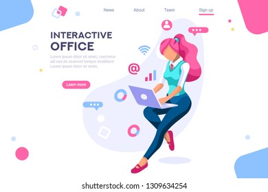 Data devices, graphs solution. User reading display. Ideas brainstorming, characters situations set. Interacting people concept. 3d images isometric vector illustrations.