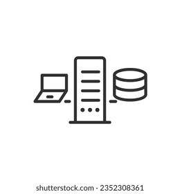 Data from devices is stored on the server, linear icon. Using the server. Line with editable stroke