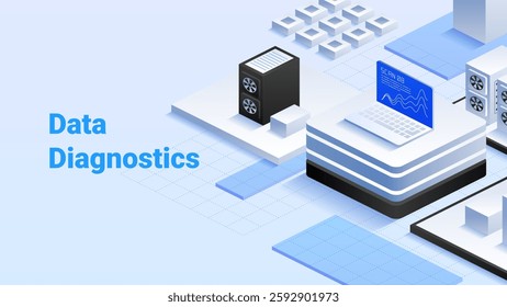 Data Diagnostics. High-tech data center. In-depth data analysis. Real-time system diagnostics. Enhanced operational efficiency. Vector isometric illustration