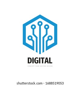 Data digital electronic technology - vector logo template for corporate identity. Abstract computer chip sign. Network, internet tech concept illustration. Hexagon shape. Design element.