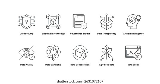Data and Digital Infrastructure Icons. Data Basics, Collaboration, Ownership, Artificial Intelligence, Security, Blockchain Technology, Transparency.