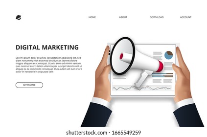 Data of digital marketing concept with illustration of hand holding tablet with data chart and megaphone for promotion broadcast advertising.