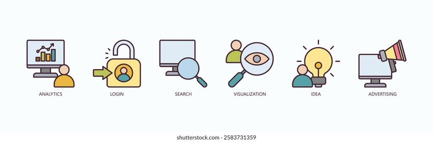 Data And Discovery Icon Set Isolated Vector With Icon Of Analytics, Login, Search, Visualization, Idea, Advertising In Outline Color Style