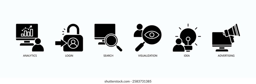 Data And Discovery Icon Set Isolated Vector With Icon Of Analytics, Login, Search, Visualization, Idea, Advertising In Glyph Style