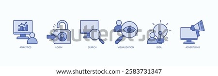 Data And Discovery Icon Set Isolated Vector With Icon Of Analytics, Login, Search, Visualization, Idea, Advertising In Blue Style