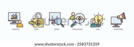 Data And Discovery Icon Set Isolated Vector With Icon Of Analytics, Login, Search, Visualization, Idea, Advertising In Outline Color Style