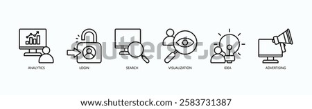 Data And Discovery Icon Set Isolated Vector With Icon Of Analytics, Login, Search, Visualization, Idea, Advertising In Outline Style