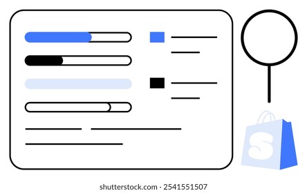 Data display with progress bars in blue black and light blue. Circle icon above a shopping bag with an S on it. Ideal for business analytics sales ecommerce online stores and performance tracking