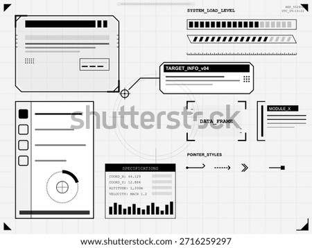 Data display showing system metrics and specifications in a monochrome design for user interface analysis