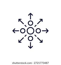 Icono de distribución de datos, diseño de línea con flechas