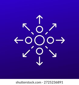 Icono de distribución de datos, diseño de Vector de línea delgada con flechas en azul