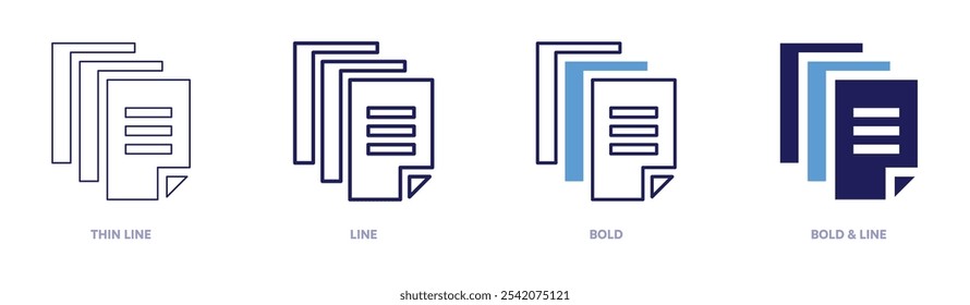 Icono de documento de datos en 4 estilos diferentes. Línea delgada, línea, negrita y línea negrita. Estilo duotono. Trazo editable.