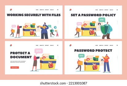 Data and Document Protection Landing Page Template Set. Tiny Characters with Huge Video, Photo, Folders, Shield and Lock. Secure Files, Information and Archive Security. Cartoon Vector Illustration