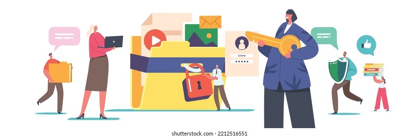 Data and Document Protection, Privacy Concept. Tiny Characters with Huge Video, Photo Files, Folders, Shield and Lock. Secure Information Archive, Internet Web Security. Cartoon Vector Illustration
