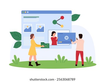 Data download online, digital documents upload and exchange, multimedia archive copy and storage. Tiny people holding folder with files and video to share to users cartoon vector illustration