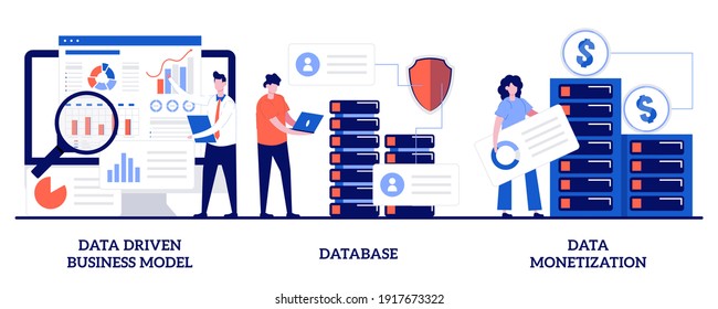 Data driven business model, database, data monetization concept with tiny people. Data business strategy vector illustration set. Decision making, information storage, analysis service metaphor.