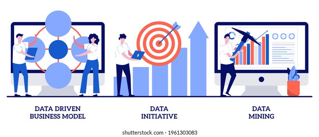 Data driven business model, data initiative, data mining concept with tiny people. Machine learning and database systems abstract vector illustration set. Computer science, code analysis metaphor.