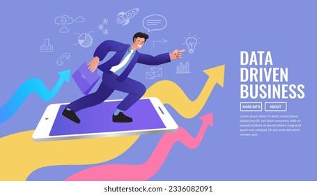 Data driven business. Technological development startup. Constant innovation business, tech savvy. Analysis of financial result activities. business growth. decision making. vector illustration.