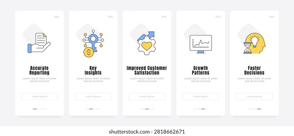Data driven business value onboarding screens. Digital customer experience. Business growth insights. UX UI walkthrough 5 steps. Flat design with icons. Modern mobile app introduction flow
