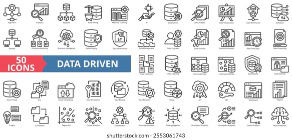 Conjunto de coleta de ícones orientados por dados. Conter algoritmo, análise, big data, data mining, machine learning, ai, ciência, análise, visualização, warehouse, banco de dados, conjunto de dados, modelagem preditiva, kpi