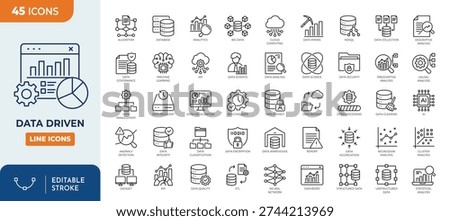 Data Driven icon set. Containing algorithm, big data, analysis, analytics, data mining, machine learning, ai, visualization, database, predictive, and more. Editable stroke. Vector Illustration