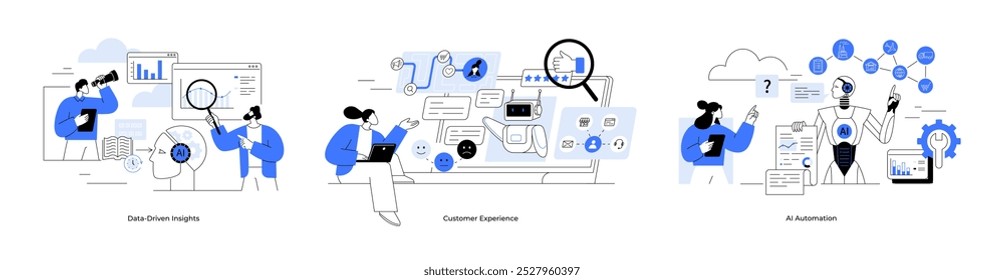 Informações orientadas por dados, experiência do cliente, automação de IA, gráficos de análise, interações com o cliente, sistemas de automação de IA. Tecnologia, estratégia de negócios, análise de dados, atendimento ao cliente, implantação de IA