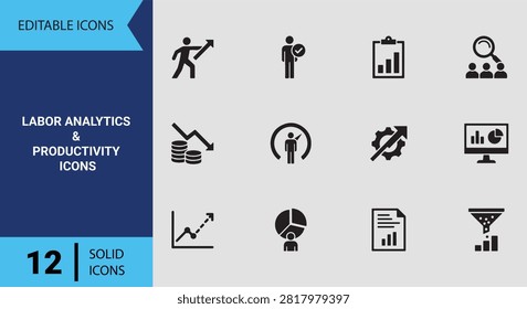 Data driven labor analytics icons highlighting workforce productivity tracking, performance metrics charts, staff efficiency reports, and operational management symbols.