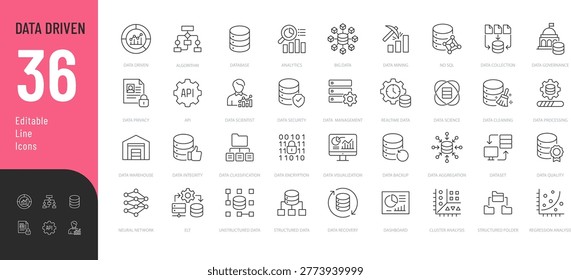 Data Driven Line Editable Icons set. Vector illustration in a modern thin line style of technology related icons: database, analysis, algorithm, and more. Isolated on transparent background.