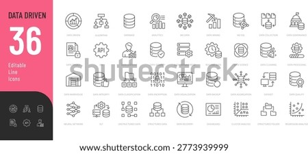 Data Driven Line Editable Icons set. Vector illustration in a modern thin line style of technology related icons: database, analysis, algorithm, and more. Isolated on transparent background.