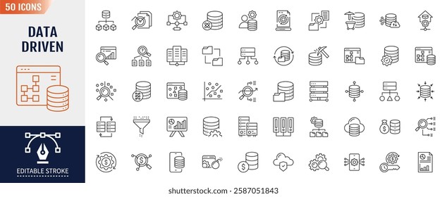 Data driven line icon set. Editable stroke. Containing as big data, data mining, algorithm, analytics, machine learning, ai, science, warehouse, database, dataset and more. Vector illustration 