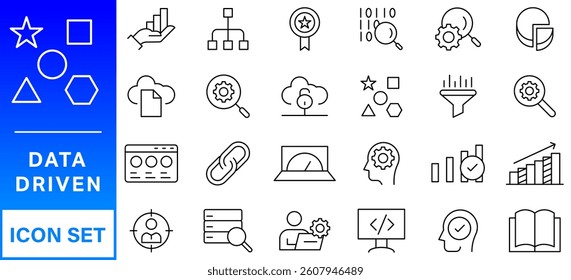 Data driven line icon set. Editable stroke. Containing as big data, data mining, algorithm, analytics, machine learning, ai, science, warehouse, database, dataset and more.