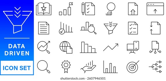 Data driven line icon set. Editable stroke. Containing as big data, data mining, algorithm, analytics, machine learning, ai, science, warehouse, database, dataset and more.
