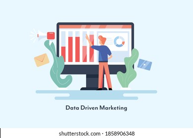 Data Driven Marketing, Business Insights, Growth Hacking, Digital Marketing Analysis - Conceptual Vector Illustration With Icons And Character