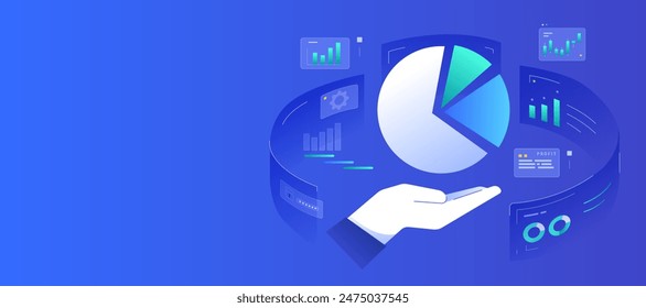 Data Driven Marketing Kunde Daten Hand halten Tortendiagramm Moderne Dashboard Technologie Innovation blau grün Illustration