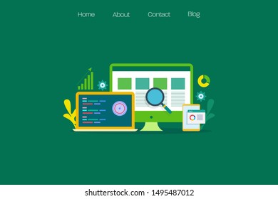 Data driven marketing, marketing, optimization, Seo Search - flat design vector illustration with icons isolated on dark background