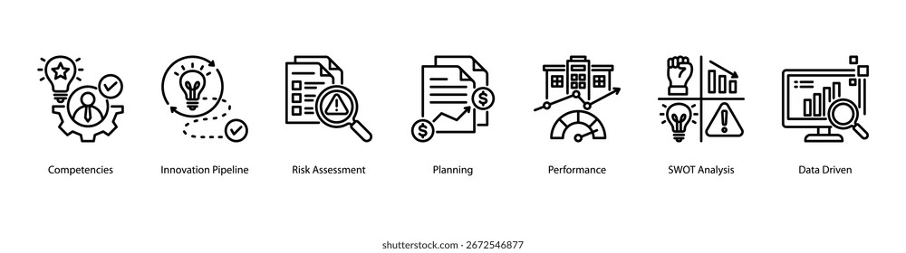 Data Driven Strategy web banner vector illustration featuring Competencies, Innovation Pipeline, Risk Assessment, Planning, Performance, SWOT Analysis, and Data Driven.