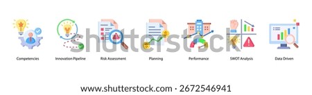 Data Driven Strategy web banner vector illustration featuring Competencies, Innovation Pipeline, Risk Assessment, Planning, Performance, SWOT Analysis, and Data Driven.