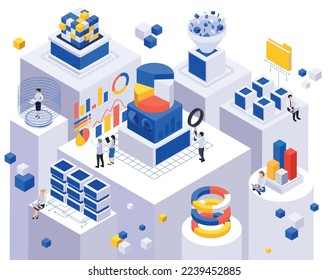 Data economy isometric composition with circular graphs bar charts flying cubes server storage and human characters vector illustration