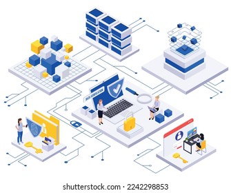 Composición isométrica de la economía de datos con diagrama de flujo de plataformas conectadas con caracteres humanos carpetas de computadoras y bloques ilustración vectorial