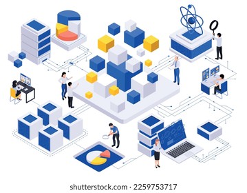 Composición isométrica de la economía de datos con plataformas aisladas conectadas con cables caracteres humanos y elementos de infraestructura informática ilustración vectorial