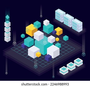 Data economy isometric composition with lots of colorful cubes of different size with server racks outline vector illustration