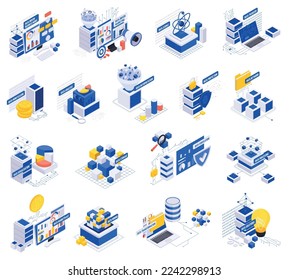 Data economy set with isolated icons and isometric conceptual images of computer infrastructure elements and money vector illustration