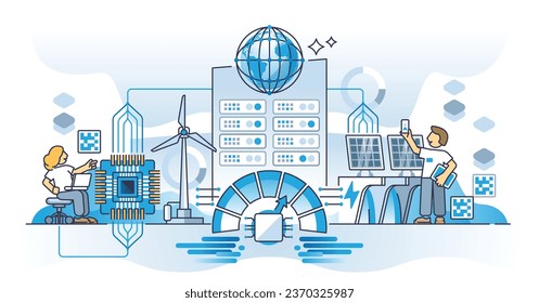 Data empowered world with big information processing amount outline concept. Digitization and connection with internet communications vector illustration. IT industry with digital cloud systems.