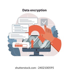 Data encryption concept. Hand activating a secure data transfer on a computer monitor, ensuring safe communication with validated checkmark. Cybersecurity measures. Flat vector illustration