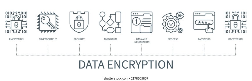 Concepto de cifrado de datos con iconos. cifrado, criptografía, seguridad, algoritmo, datos, información, proceso, contraseña, iconos de descifrado. infografía vectorial web con un estilo de contorno mínimo