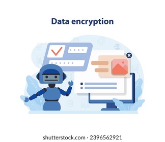 Data encryption concept. Robot presents a monitor displaying password fields and image error, showcasing the importance of secure data handling. Blue and neutral tones enhance technology theme.