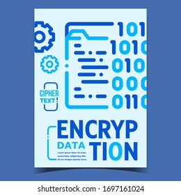 Data Encryption Creative Advertising Poster Vector. Cipher Text By Binary Encryption Code Computer System Folder And Gears Promotional Banner. Concept Template Stylish Colorful Illustration