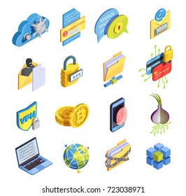 Data Encryption Cyber Security Isometric Icons Collection Of Isolated Symbols Bitcoin Fingerprint And Proxy Avoidance Pictograms Vector Illustration